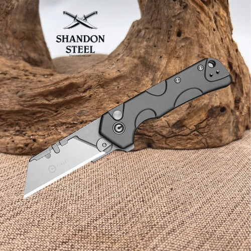 CIVIVI Pulsara Utility Flipper & Button Lock Knife Gray Aluminum Handle (2.44" Stonewashed S/S Blade Holder & Plain 6Cr13 Blade) C24041F-4