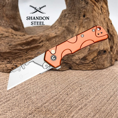CIVIVI Pulsara Utility Flipper & Button Lock Knife Orange Aluminum Handle (2.44" Stonewashed S/S Blade Holder & Plain 6Cr13 Blade) C24041F-3