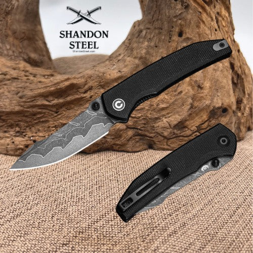 CIVIVI Ryson-E Thumb Stud Knife Black Canvas Micarta Handle (3.32" Damascus Blade) C25097-DS1
