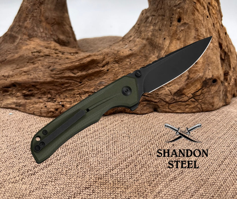 CIVIVI Tarask Flipper & Thumb Stud & Button Lock Knife OD Green G10 Handle (2.96" Black Stonewashed Nitro-V Blade) C25023C-2