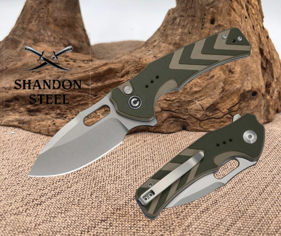 CIVIVI Vexron Flipper & Thumb Hole & Button Lock Knife Milled Green & Tan G10 Handle (2.98" Stonewashed 14C28N Blade) C24066-2