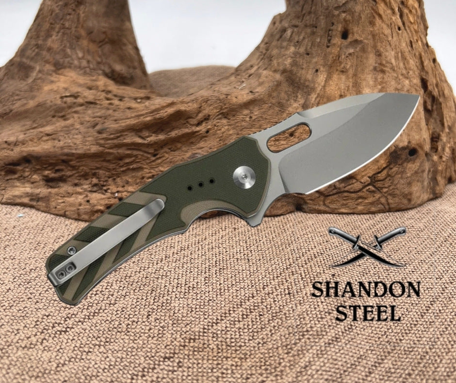 CIVIVI Vexron Flipper & Thumb Hole & Button Lock Knife Milled Green & Tan G10 Handle (2.98" Stonewashed 14C28N Blade) C24066-2