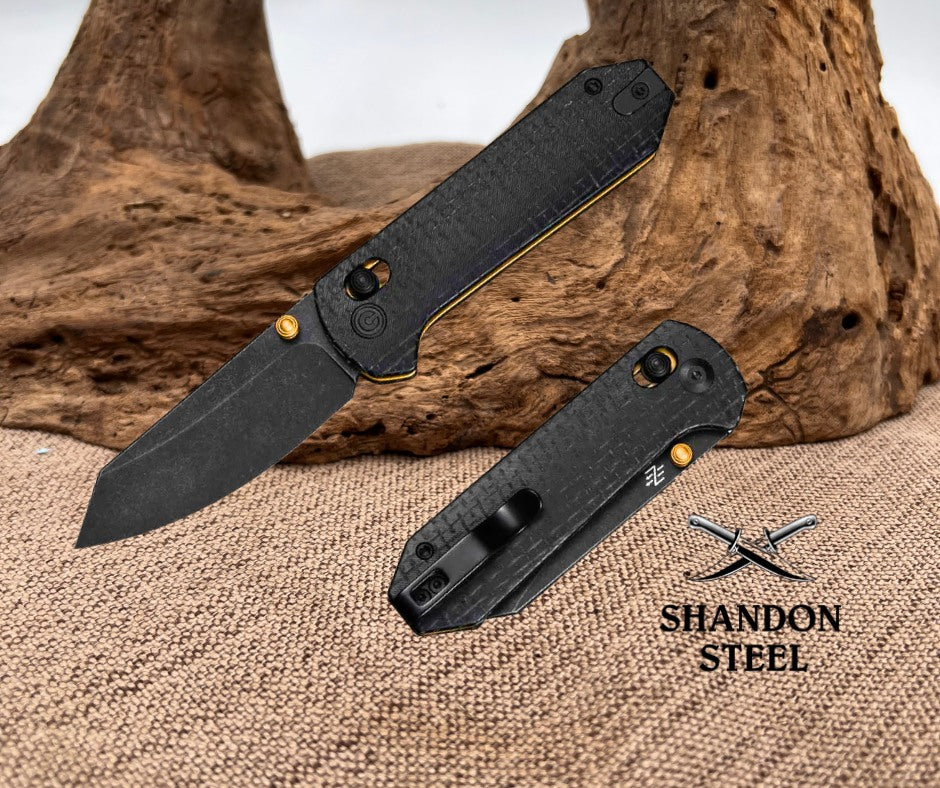 CIVIVI Yonder Thumb Stud & Crossbar Lock Knife Black Burlap Micarta Handle (2.88" Black Stonewashed 14C28N Blade) C23073B-2