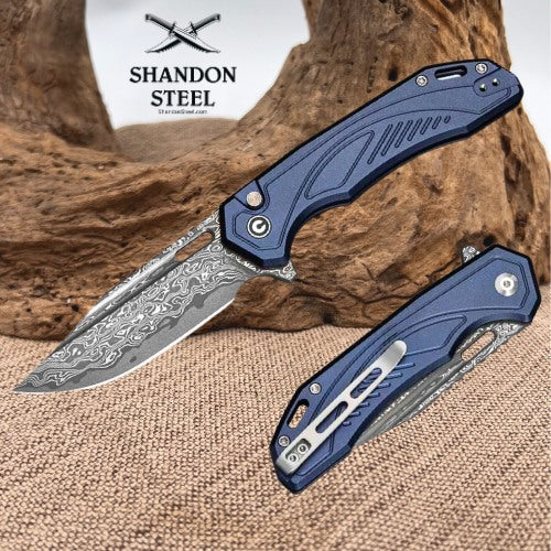 CIVIVI Zelthara Flipper & Button Lock Knife Dark Blue Aluminum Handle (3.3" Damascus Blade) C25076-DS1