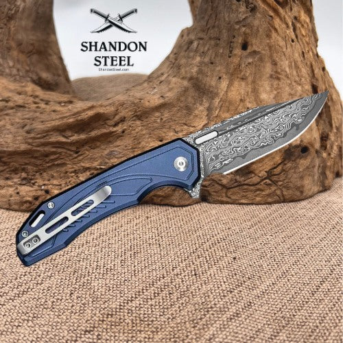 CIVIVI Zelthara Flipper & Button Lock Knife Dark Blue Aluminum Handle (3.3" Damascus Blade) C25076-DS1