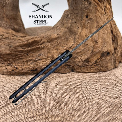 CIVIVI Zelthara Flipper & Button Lock Knife Dark Blue Aluminum Handle (3.3" Damascus Blade) C25076-DS1