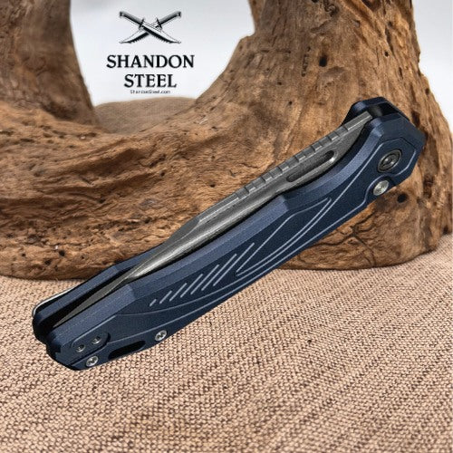 CIVIVI Zelthara Flipper & Button Lock Knife Dark Blue Aluminum Handle (3.3" Damascus Blade) C25076-DS1