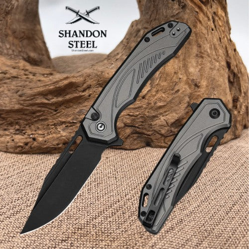 CIVIVI Zelthara Flipper & Button Lock Knife Gray Aluminum Handle (3.3" Black Stonewashed 14C28N Blade) C25076-2