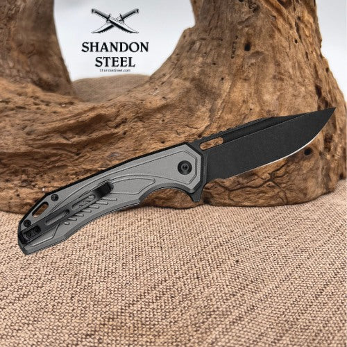 CIVIVI Zelthara Flipper & Button Lock Knife Gray Aluminum Handle (3.3" Black Stonewashed 14C28N Blade) C25076-2