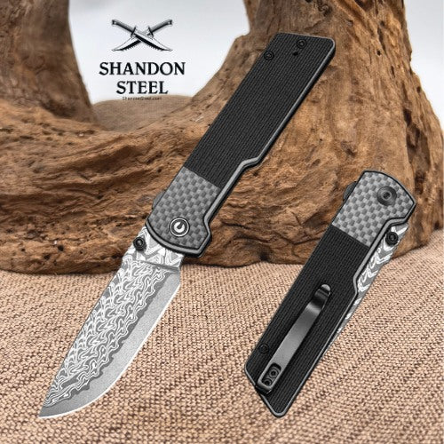 CIVIVI Zygon Thumb Stud & Top Crossbar Lock Gray G10 Handle With Carbon Fiber Overlay (3.24" Damascus Blade) C25035B-DS1