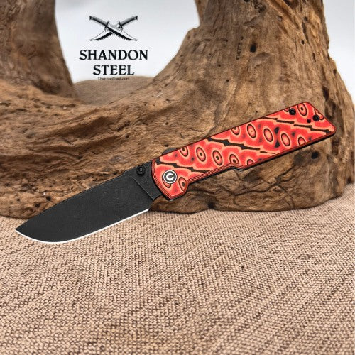 CIVIVI Zygon Thumb Stud & Top Crossbar Lock Orange & Black Vortex Micarta Handle (3.24" Black Stonewashed Nitro-V Blade) C25035-2
