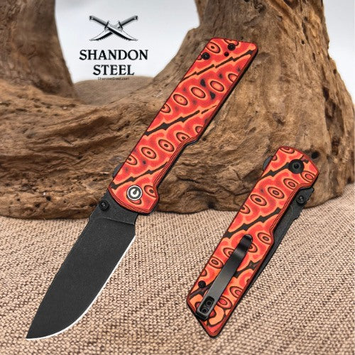 CIVIVI Zygon Thumb Stud & Top Crossbar Lock Orange & Black Vortex Micarta Handle (3.24" Black Stonewashed Nitro-V Blade) C25035-2