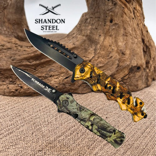 Schrade X-Timer XT11C & Elite Edge AC3BC 2 Pocketknives Camo Handles (118)