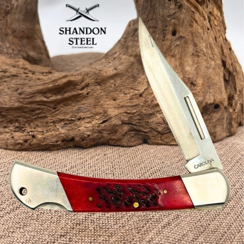 Carolina Knife & Tool Red Bone Handle VINTAGE FOLDING HUNTER Lockback Knife -143