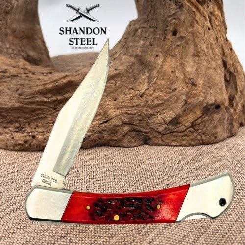 Carolina Knife & Tool Red Bone Handle VINTAGE FOLDING HUNTER Lockback Knife -143