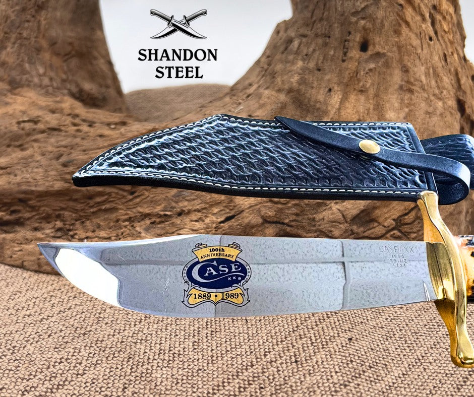 Case XX USA Stag Handle Clip Point Bowie Knife 100th Anniversary Leather Sheath