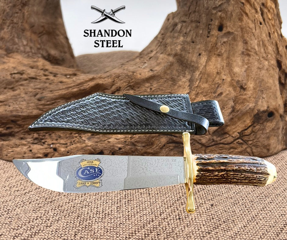 Case XX USA Stag Handle Clip Point Bowie Knife 100th Anniversary Leather Sheath