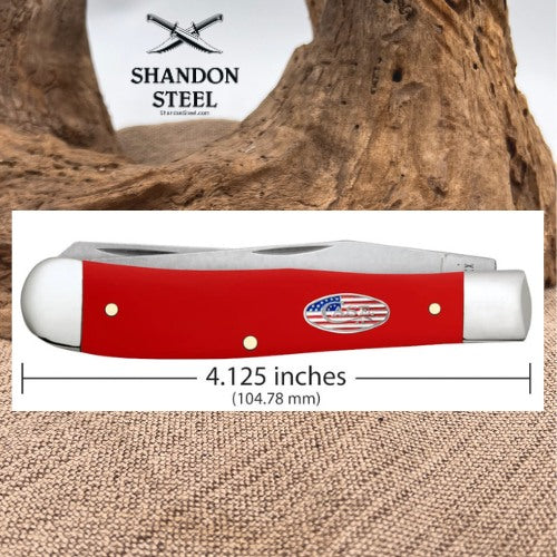 A red and silver pocket knife shown on a white measurement panel with a line indicating 4.125 inches (104.
