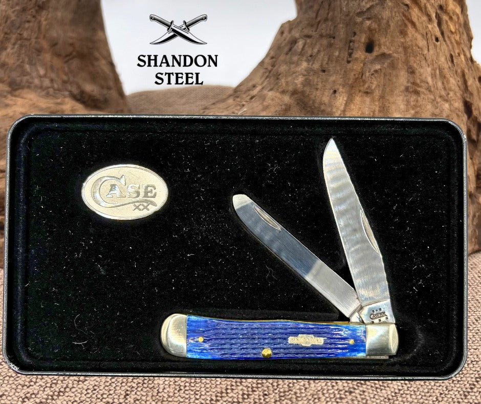 Case XX USA Blue Bone 2 Blade Trapper 6254 SS 2002 Folding PocketKnife Gift Tin