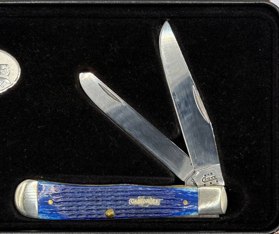 Case XX USA Blue Bone 2 Blade Trapper 6254 SS 2002 Folding PocketKnife Gift Tin