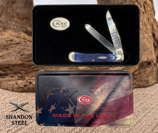 Case XX USA Blue Bone 2 Blade Trapper 6254 SS 2002 Folding PocketKnife Gift Tin