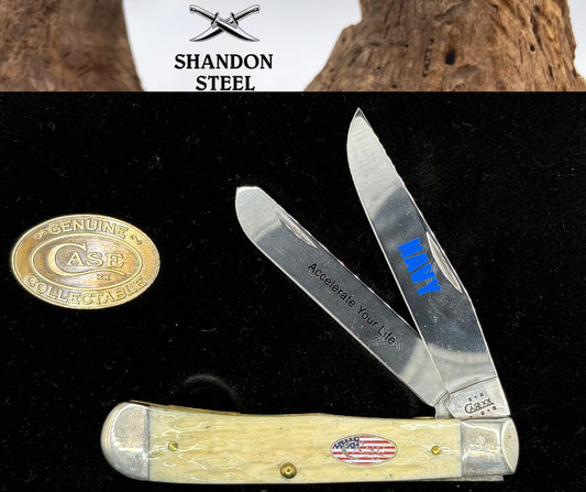 Case XX USA 6254 Navy Trapper w Gift Box 2005 White Bone Handle Pocket Knife