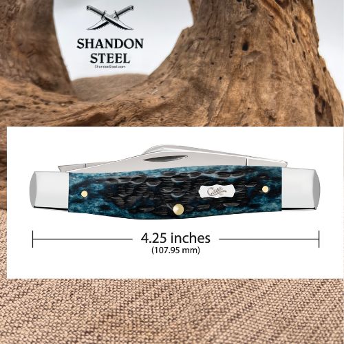 Shandon Steel folding pocket knife shown in a product graphic with a wood background and dimension line indicating 4.25 inches (107.