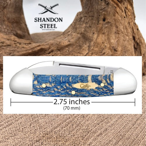 A pocket knife with a blue and gold patterned handle is shown in a product graphic with a measurement line indicating a width of 2.75 inches (70 mm).