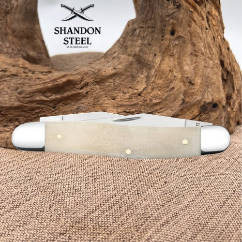 A folding pocket knife with a light beige bone or horn handle and silver metal blades, displayed on a textured tan surface with a large piece of driftwood in the background. The brand logo 'SHANDON STEEL' is visible in the upper left.