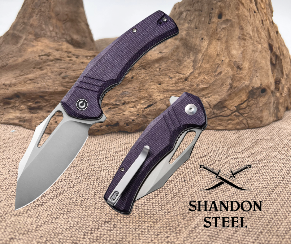 A purple and silver Civivi BullTusk folding knife with a satin finished blade and canvas micarta handle, displayed open and closed with a wooden background.