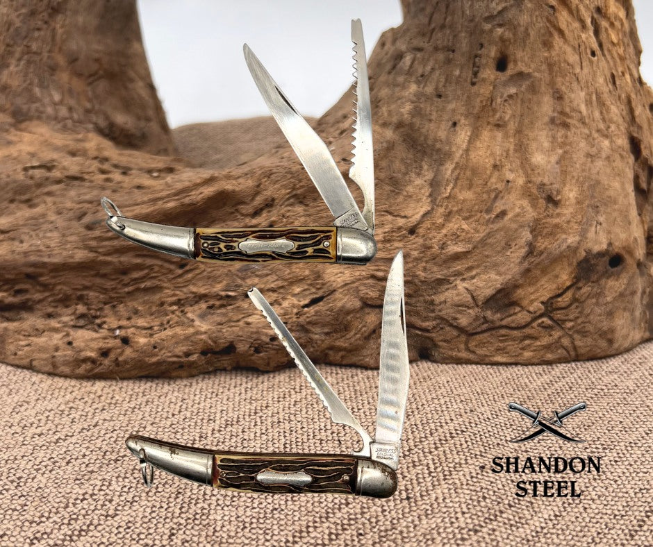 COLONIAL KNIFE Lot of Two Vintage USA Stainless Fishing Folding Fish Knife (153)