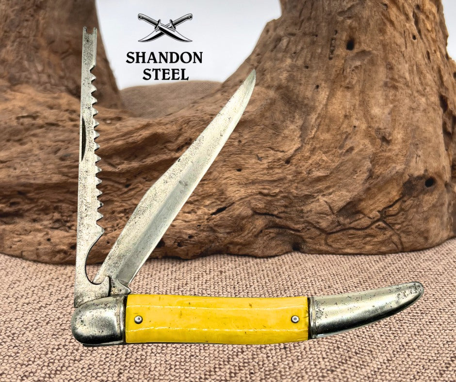 Colonial Prov USA Vtg Fish Knife Yellow Folding Toothpick Pocket Knife (56)
