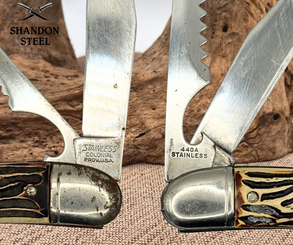 COLONIAL KNIFE Lot of Two Vintage USA Stainless Fishing Folding Fish Knife (153)
