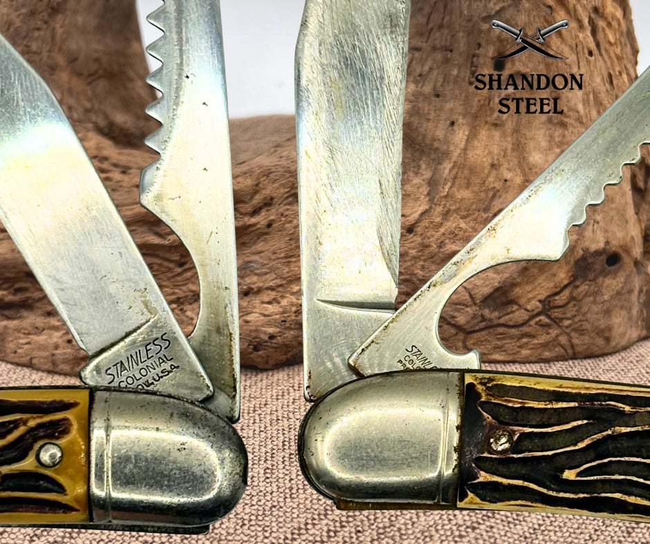 COLONIAL KNIFE Lot of Two Vintage USA Stainless Fishing Folding Fish Knife (153)