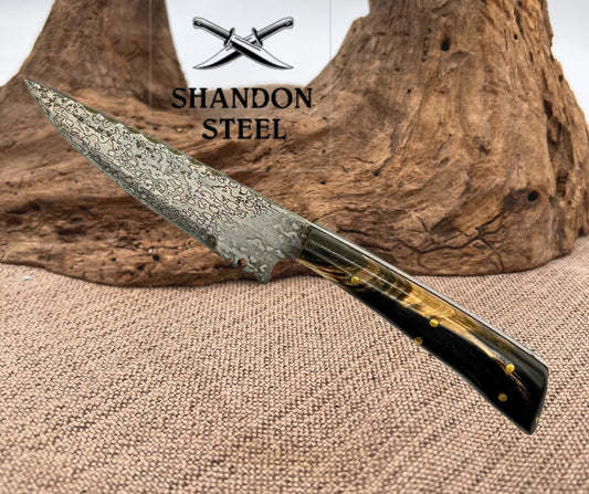 Custom Handmade Damascus Fixed Blade Drop Point Knife Horn Handle (C02)