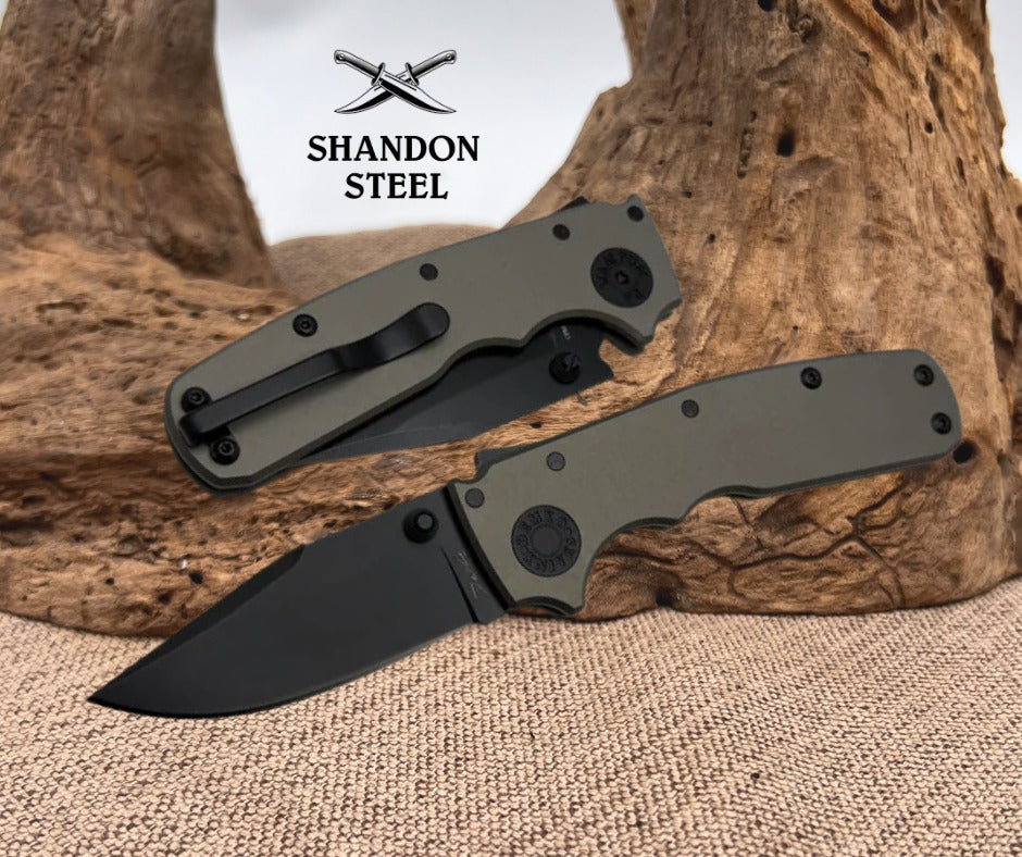 Demko Shark Cub Stealth Artillery Grey Aluminum Handles & Clip Point DLC 20CV 19274