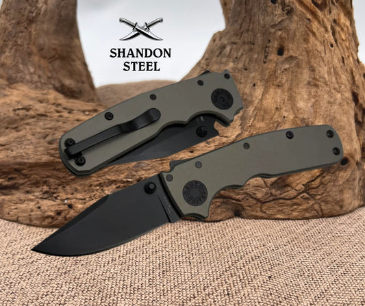Demko Shark Cub Stealth Artillery Grey Aluminum Handles & Clip Point DLC 20CV 19274