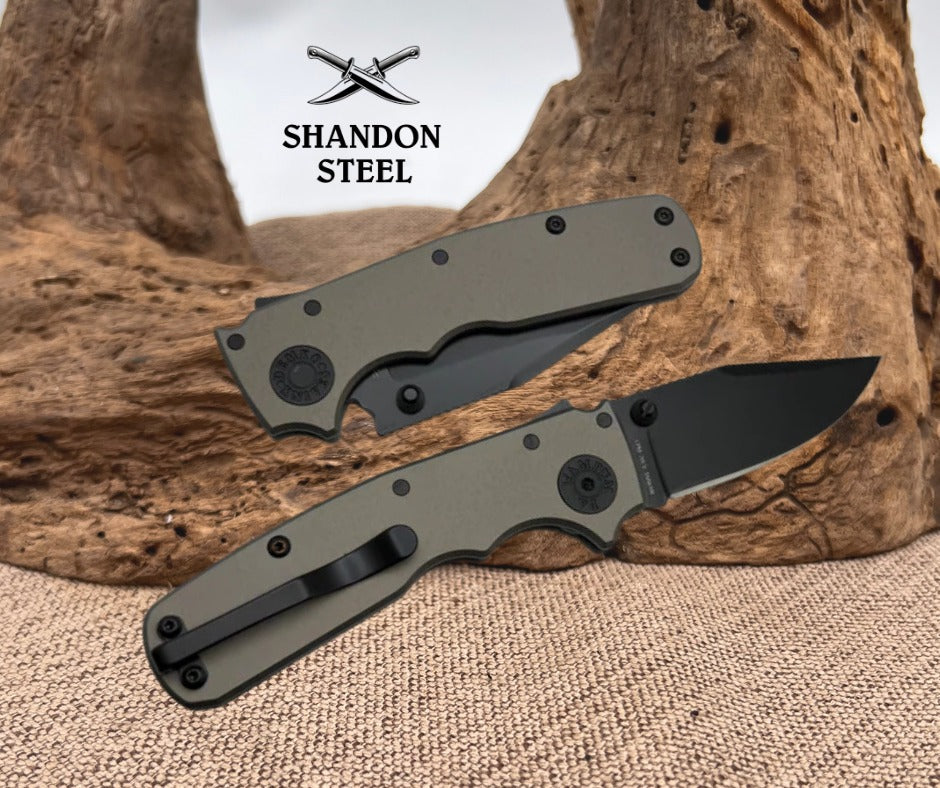 Demko Shark Cub Stealth Artillery Grey Aluminum Handles & Clip Point DLC 20CV 19274