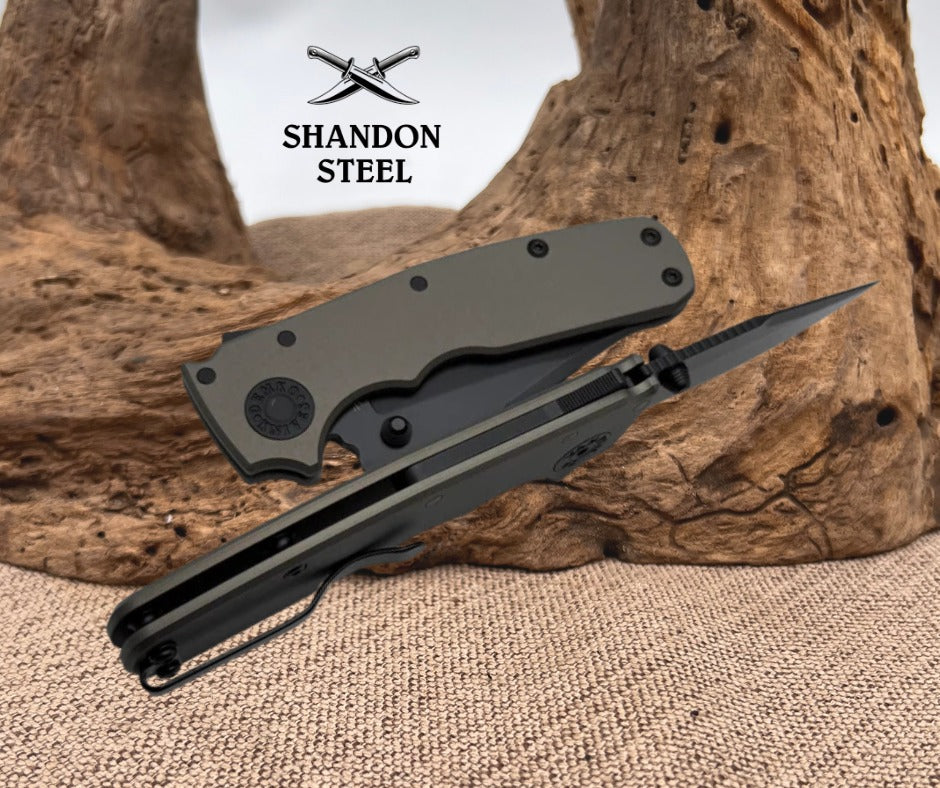 Demko Shark Cub Stealth Artillery Grey Aluminum Handles & Clip Point DLC 20CV 19274