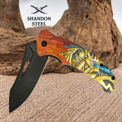 Dragon Handle Spring Assisted Folding FlipperPocket Knife Hunting Survival (186)