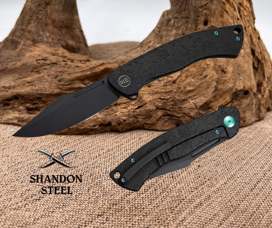 WEKNIFE Essential Knight Flipper Knife Black Titanium Handle With Etched Pattern (3.6" Black Stonewashed Bohler M390 Blade) WE24003-2