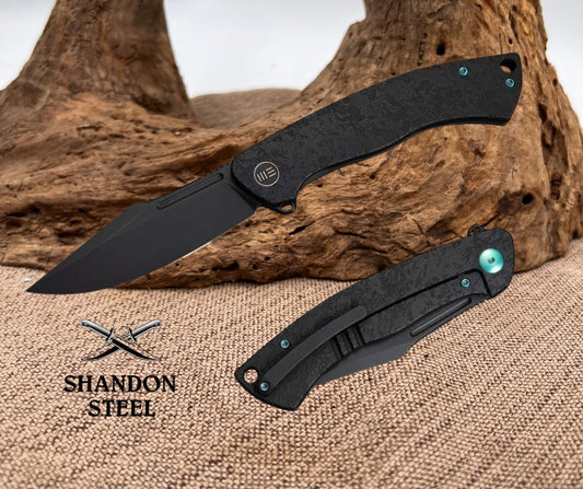 WEKNIFE Essential Knight Flipper Knife Black Titanium Handle With Etched Pattern (3.6" Black Stonewashed Bohler M390 Blade) WE24003-2