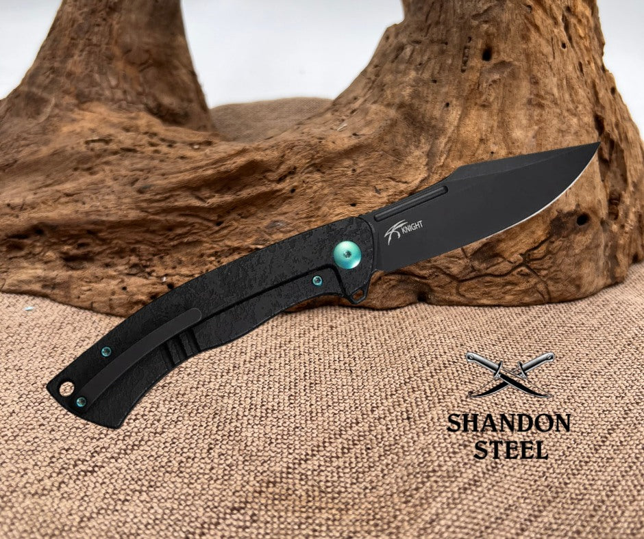 WEKNIFE Essential Knight Flipper Knife Black Titanium Handle With Etched Pattern (3.6" Black Stonewashed Bohler M390 Blade) WE24003-2