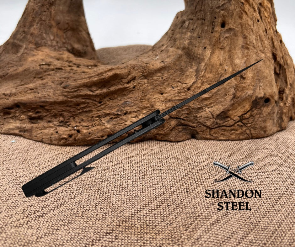 WEKNIFE Essential Knight Flipper Knife Black Titanium Handle With Etched Pattern (3.6" Black Stonewashed Bohler M390 Blade) WE24003-2