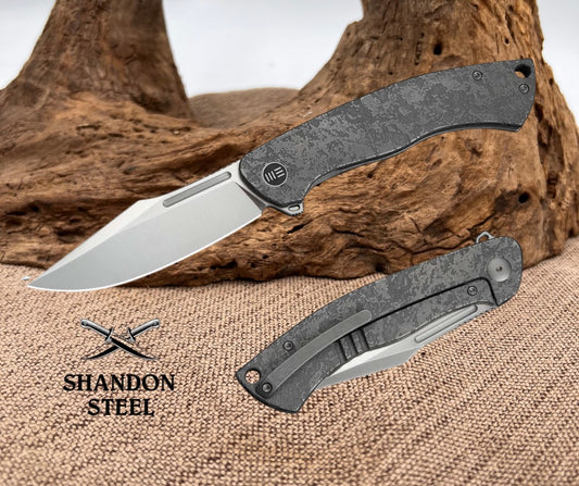 WE KNIFE Essential Knight Flipper Knife Gray Titanium Handle With Etched Pattern (3.6" Satin Finished Bohler M390 Blade) WE24003-3