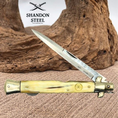 FALCON 11" WHITE HORN HANDLE BAYO MANUAL OPENING  ITALIAN STILETTO KNIFE (85)