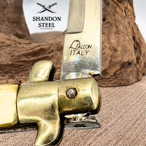 FALCON 11" WHITE HORN HANDLE BAYO MANUAL OPENING  ITALIAN STILETTO KNIFE (85)