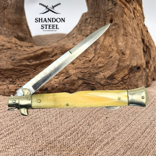 FALCON 11" WHITE HORN HANDLE BAYO MANUAL OPENING  ITALIAN STILETTO KNIFE (85)