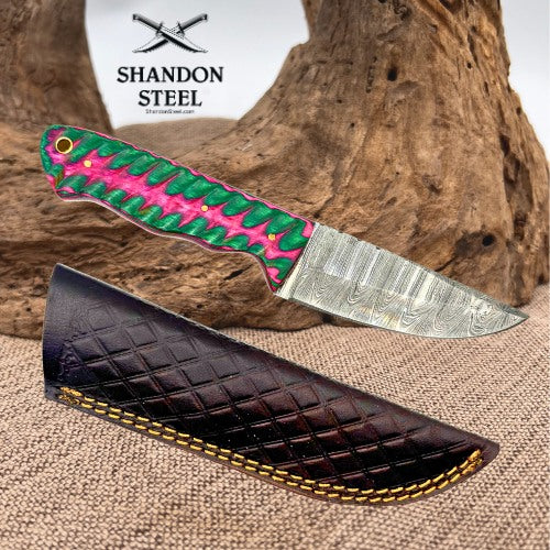 Damascus Steel Clip Point Hunting Knife Pink & Green Wood Handle Leather Sheath