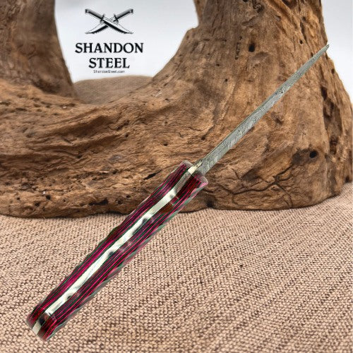 Damascus Steel Clip Point Hunting Knife Pink & Green Wood Handle Leather Sheath